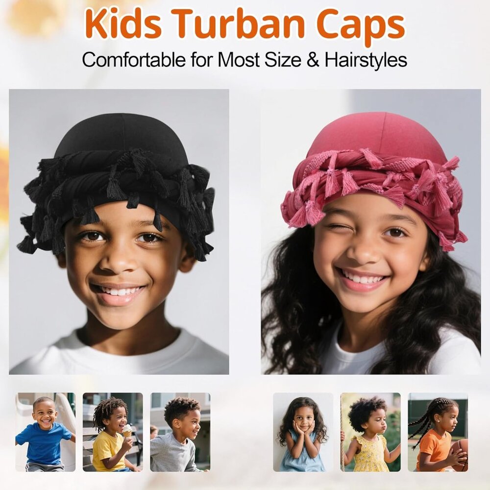 Turban Durag for Kids Boys Girls Silk Satin Lined Turban Beanies Pre-Tied Head W - Picture 3 of 7